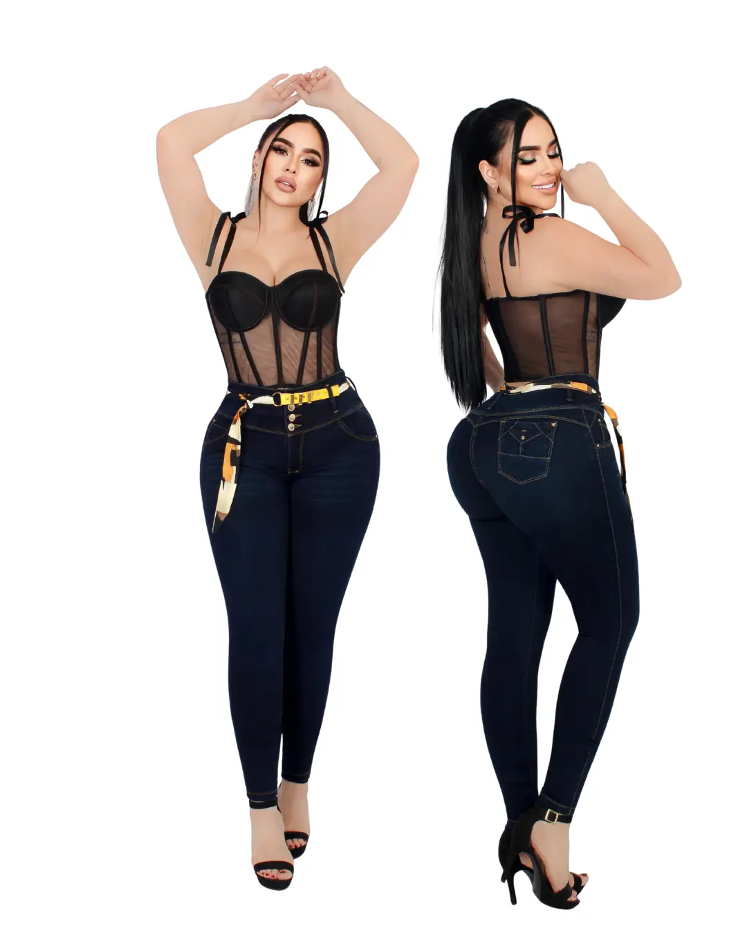 Liana Lady's High-Waist Stretchy Trouser Jeans - Colombian Booty Lifting, Butt Shaping, Curvy Slim Skinny Denim, Pockets, Button, Chain Accessory, Cold Wash Compatible, Embellished Bottoms, Fashion Apparel, Women's Fashion