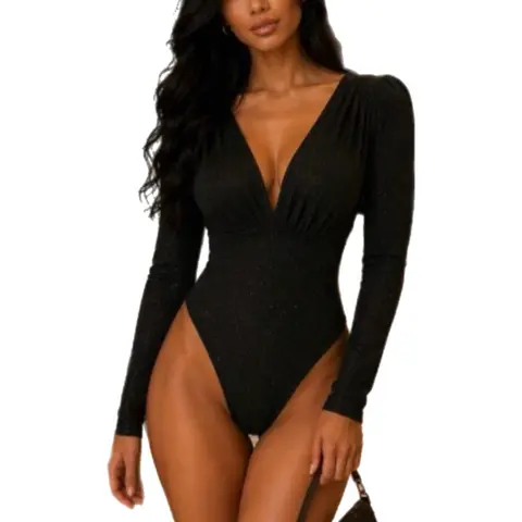 Shimmer Bodysuit – Women’s Long Sleeve Deep V-Neck Gathered Bust Going-Out Top