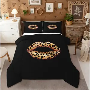 Leopard Lips Comforter Set,Sexy Cheetah Print Mouth Bedding Set for Kids Teens Adult Brown Black Comforter Safari Wildlife Fur Print Duvet Insert Romantic Valentine Quilt
