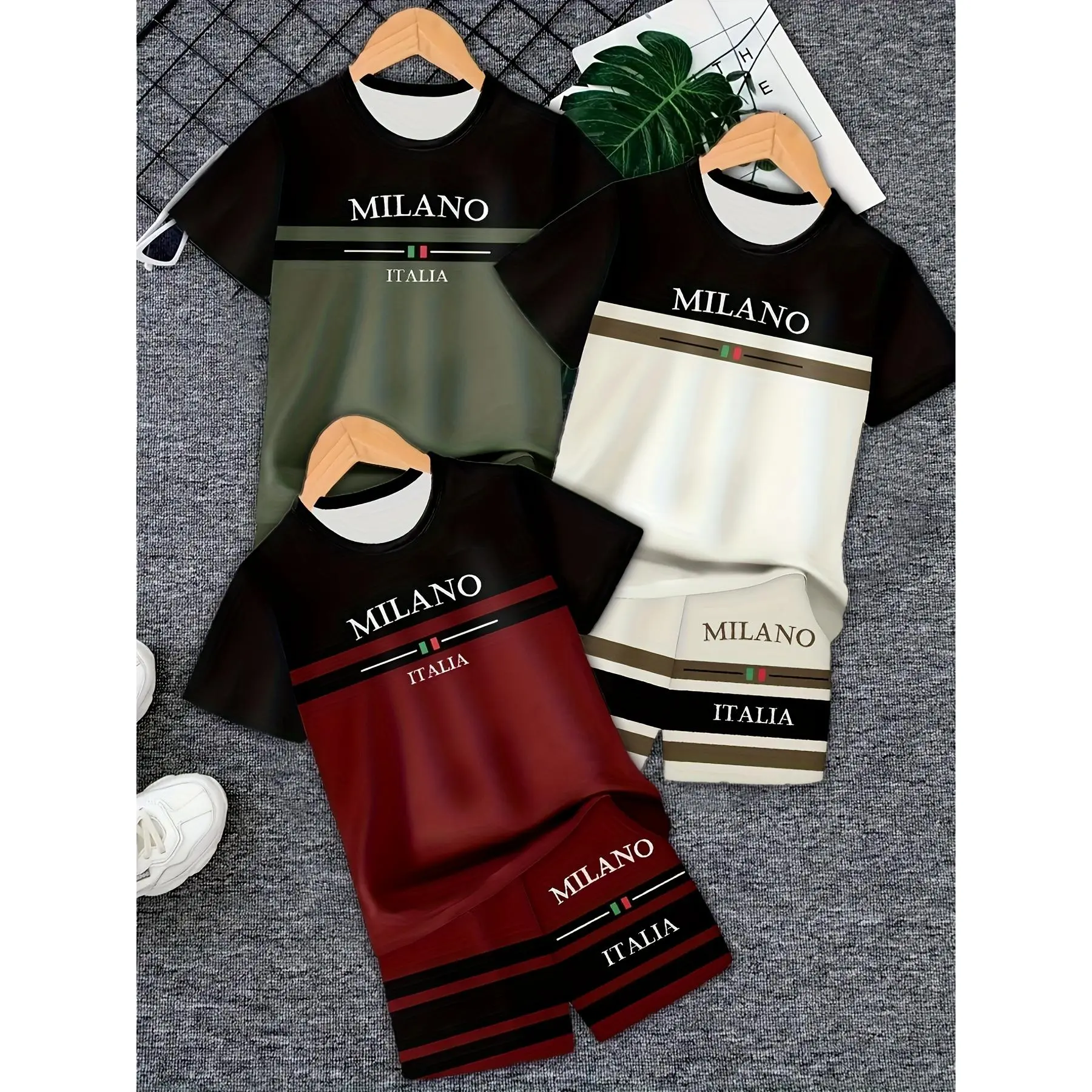 Boys' 6-Piece Round Neck T-Shirt and Shorts Set, Casual Summer Short Sleeve Polyester Clothes with 3D Random Prints for Ages 7-8Y, Casual Wear