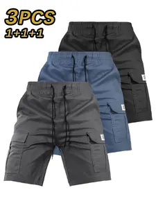 Men’s solid-color cargo shorts 3-pack, lightweight flap-pocket fashion shorts, outdoor men’s work pants
