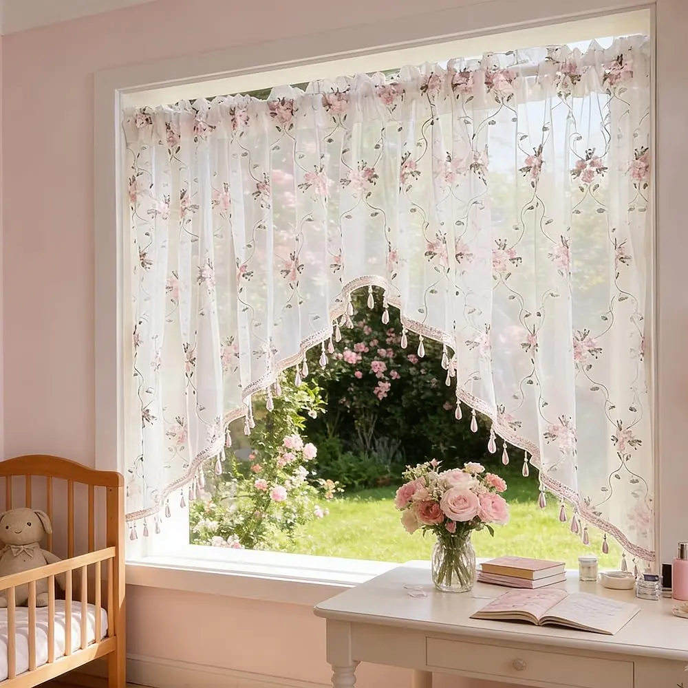 1PC Blush Pink Whimsical Floral Sheer Curtain Valance - Beaded Vintage Embroidery, Textured Fringe, Light Filtering Voile, Rod Pocket Top, Low Iron, Machine-Washable, Room Decor Home Accessory for Kitchen Bedroom, Girl Room Decor