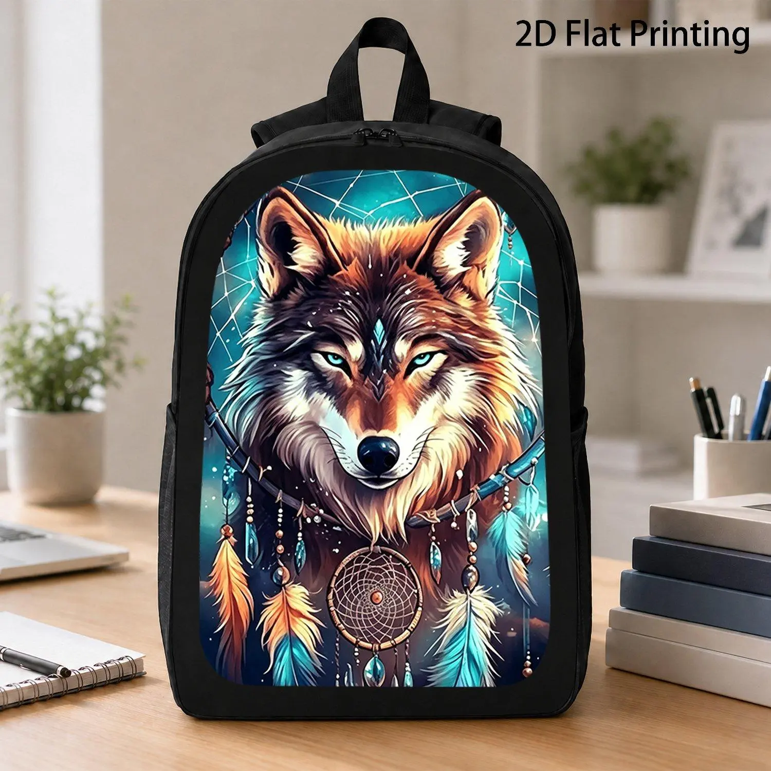 1pc Wolf Head Backpack with Wolf Print & Dreamcatcher - Large Capacity Suitable for Commuting, Travel, Work - Modifiable Shoulder Straps, Zipper Closure, Wolf Emblem for Books, Laptop, Daily (Hand Washable), 2D Flat, for Teenager