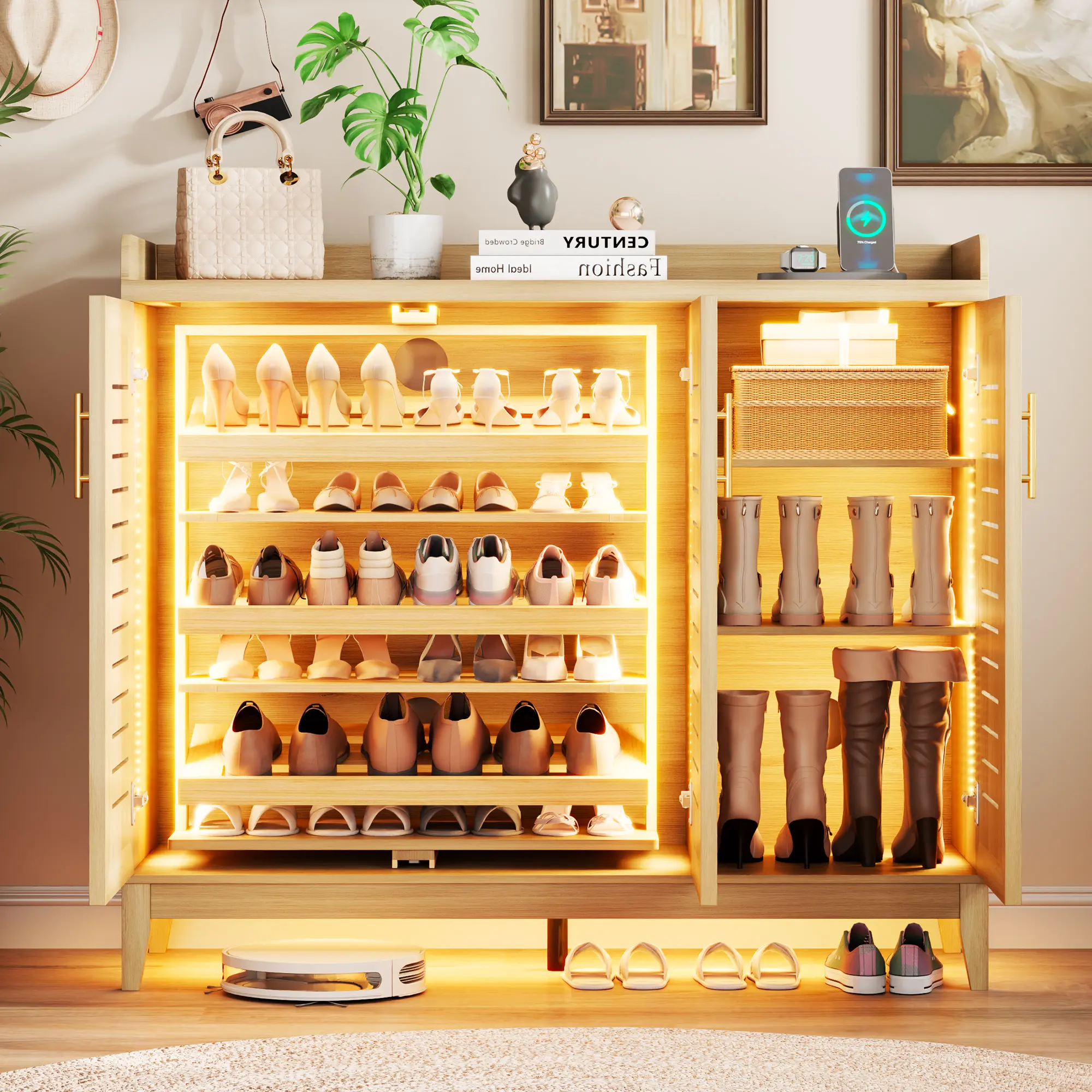 Vlsrka Rotating Shoe Storage Cabinet with Slatted Doors and Lights, Wood | 24 Pairs Shoe Storage Organizer, 6 Tier Pull Out Shoe Rack, Charging Station, Motion Sensor, Adjustable Shelves, for Entryway