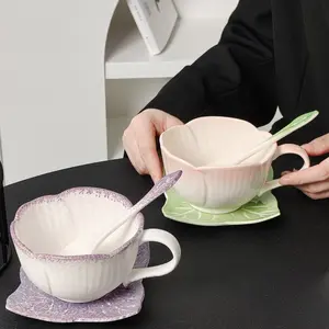 Ceramic Lotus Flower Tableware Set, Cute Petal-Shaped Bowl with Saucer & Spoon, Pastel Colors, Perfect Gift for Moms & Friends