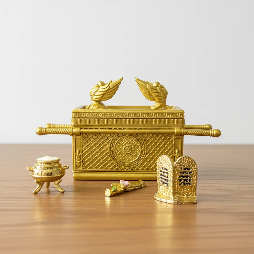 Ark of the Covenant Mini Replica Set, Resin Gold Plated Biblical Model with Ten Commandments Tablets, Aaron's Rod & Manna Pot, Judaica Decorative Figurine