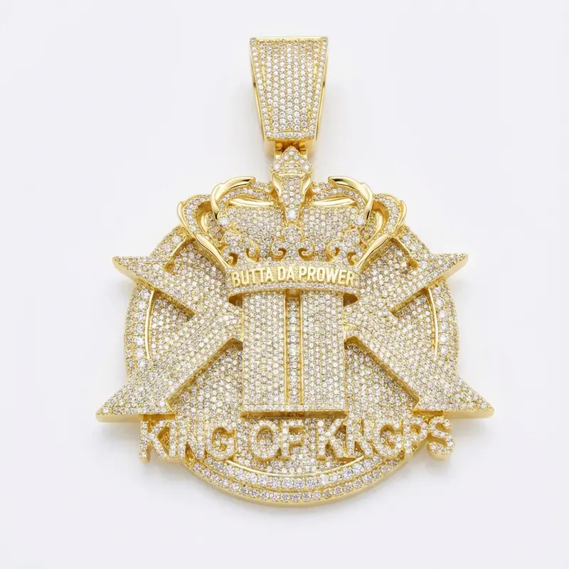 Iced Out King Of Krops Crown Large Pendant | 14K Rose Gold Plated Heavy CZ Diamond Medallion Charm | Includes 4mm Rope Chain | Luxury Statement Jewelry For American Men | Vintage Hip Hop Streetwear, Hip Hop Style