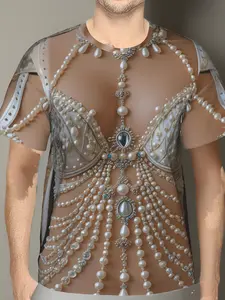 Men's 3D Printed Opulent Harness T-Shirt, Avant-Garde Halter Style with Faux Pearls and Rhinestone Embellishments, Silver Tone Metallic Details, Luxury Costume Design for Stage Performance or Fashion Events, Polyester Breathable Short Sleeve