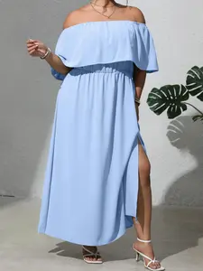 Plus Size Off-the-Shoulder Fitted Maxi Dress with Side Slit and Ruffle Detail for Comfort and Style