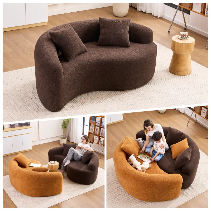 LY-042 fully compressed sponge sofa, S-shaped curved double depth sofa, brown chenille modular, suitable for small spaces and meditation, 400 pounds 66.9 inches long (only one)