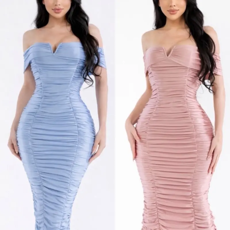 Women's Satin Off-Shoulder Ruching Bodycon Midi Dress