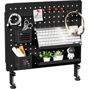 Clamp-on Desk Pegboard, Desk Organizer for Office Gaming ,  Metal Peg Board with 15 Accessories,  Panel for Office, 20.4" x 16.5", Large, Black