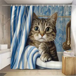Adorable Cat-Themed Shower Curtain Featuring a Humorous Animal Design, Perfect for Bathroom Decor Polyester Fabric And Includes 12 Hooks
