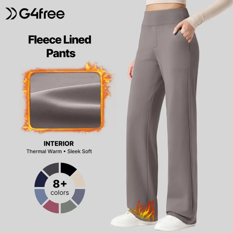 G4Free EverGoing Womens Fleece Lined Wide Leg Pull‑On Pants, Dressy for Work & Casual Outfits | Thermal Warm, Sleek Soft Fabric, Mock Fly Design, Faux Back Pockets, Side Pockets, Elastic Waist, Ideal Fall Winter Apparel, #sohochic