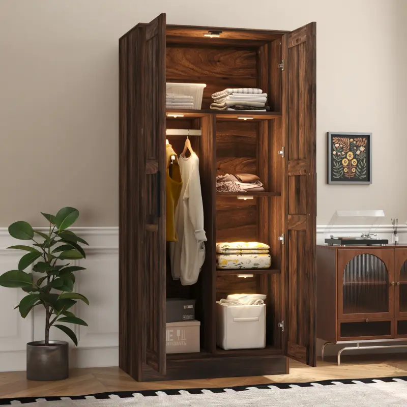 2-Door Wooden Wardrobe Armoire with LED and 4 Storage Shelves Brown