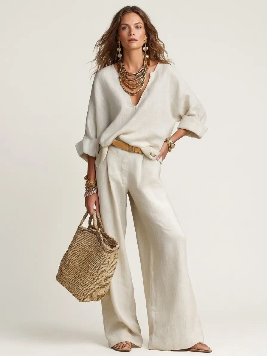 Women's 2-Piece Casual Set - Oversized V-Neck Blouse, High-Waist Wide-Leg Pants, Solid Linen-Look Wrinkle-Resistant Polyester Blend, Women's 2 Piece Set
