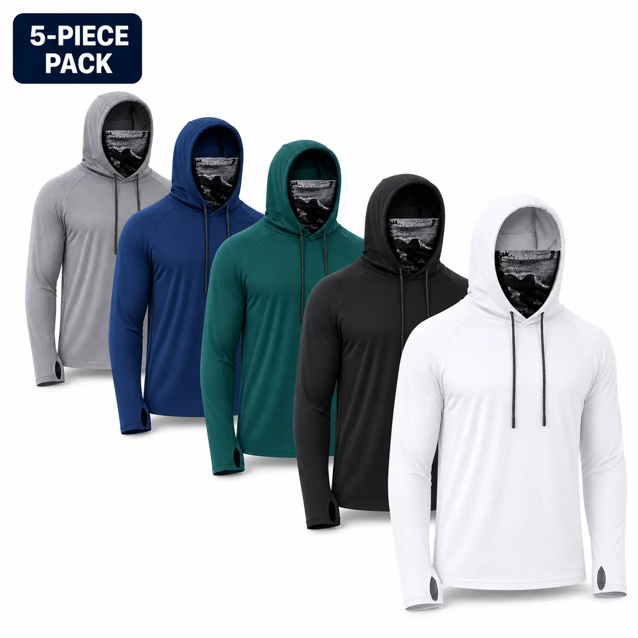 Men's 5-Pack UPF 50+ Quick-Dry Fishing Hoodies with Built-In Camouflage Face Cover, Lightweight Long Sleeve Performance Shirts with Thumb Holes