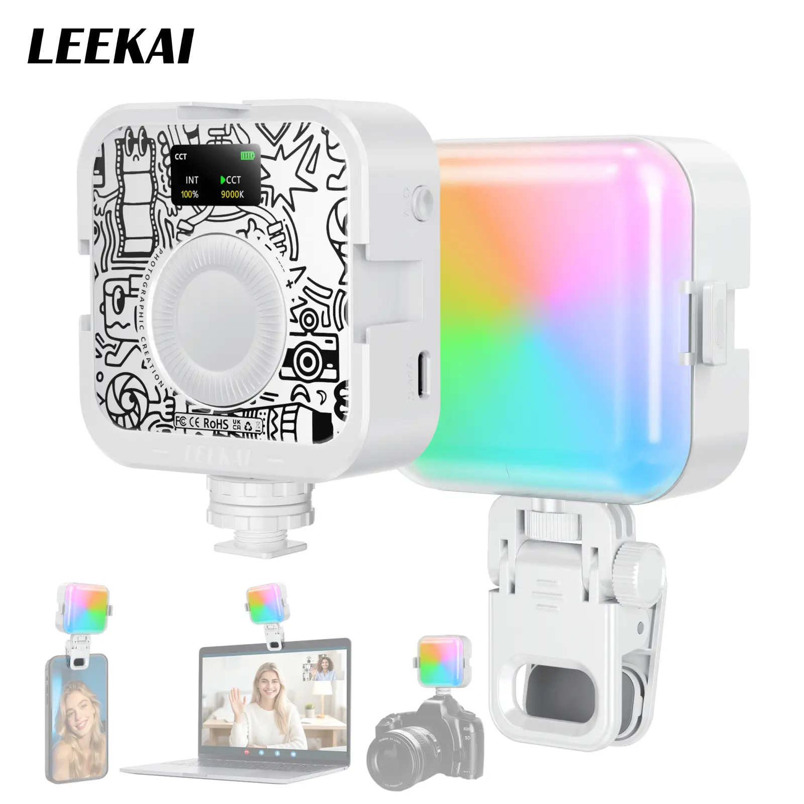【DealsForYouDays】LEEKAI P6 RGB Video Light, Portable Photography Lighting with Clip for Phone/Laptop, Cold Shoe Light, CRI95+, 2500K-9000K, 22 Lighting Effects, Fill Light Accessories for Photography, Content Creator, Streaming