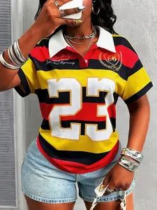 Women's Vintage Vancouver Sport Print Polo Shirt, Loose Collar Pattern T-Shirt, Y2K Street Style, Daily Wear, Short Sleeve, Fitted
