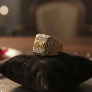 KING Prestige Iced-Out Ring Gold Stainless Steel Statement Band with Luxurious Rhinestones for Modern Royalty and Versatile Wear