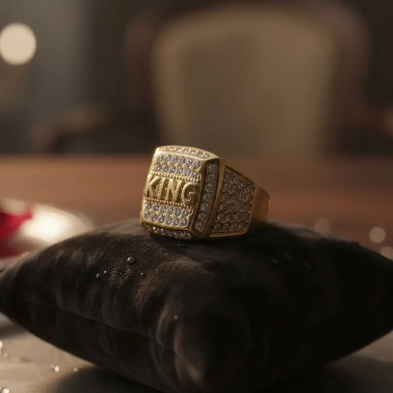 KING Prestige Iced-Out Ring Gold Stainless Steel Statement Band with Luxurious Rhinestones for Modern Royalty and Versatile Wear