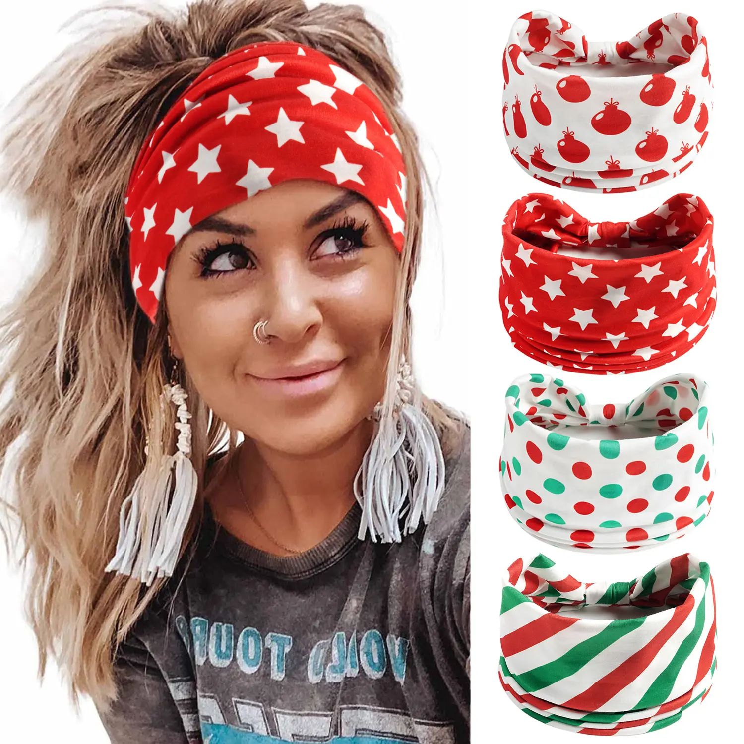 Women's Christmas Wide Flat Shape Headband - Polyester Blend, 14x24cm, Stretchy Soft Wide Digital Print Hair Accessory, 48cm Head and Tail Circumference, Casual Holiday Wear, High Elasticity, Digital Printing
