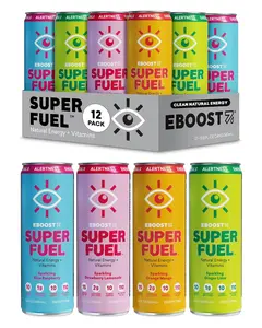 EBOOST Super Fuel Healthy Energy Drink - Caffeine from Natural & Clean Ingredients For Focus and Productivity -Taurine Free Pre-Workout With Electrolytes, Nootropic & Vitamins - Variety Pack, 12 Pack