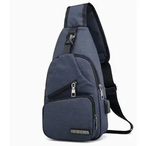 1 PCS Dark blue men's sling chest bag/shoulder bag with USB port, headphone jack, adjustable strap, waterproof hands-free wallet, and suitable for everyday use.
