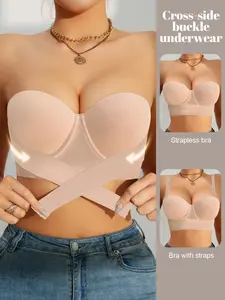 Women's strapless bandeau bra, Elegant with front closure and anti-slip design to prevent shifting, made with high-stretch fabric for comfort and Medium support, suitable for everyday wear.