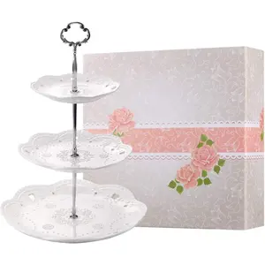 3-Tier Porcelain Cupcake Stand Serving Tray White Embossed Elegant Dessert Cake Stand Pastry Serving Stand for Tea Party Wedding Birthday