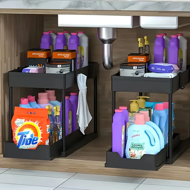 2-Tier Sliding Under-Sink Cabinet Organizer, Heavy-Duty Tracks, Durable Metal Frame, Space Saving Multifunctional Storage Shelf Kitchen/bathroom Storage Rack, Optimizes Your Kitchen Or Bathroom Space