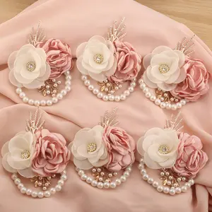 6pcs Romantic Pink Flower with Milk Gauze Rose Bridesmaid Wrist Flower Handmade Golden Leaf Rhinestone Wedding Party Evening Prom Season Valentine'S Day Elastic Pearl Wrist Flower Additions Corsage For Prom