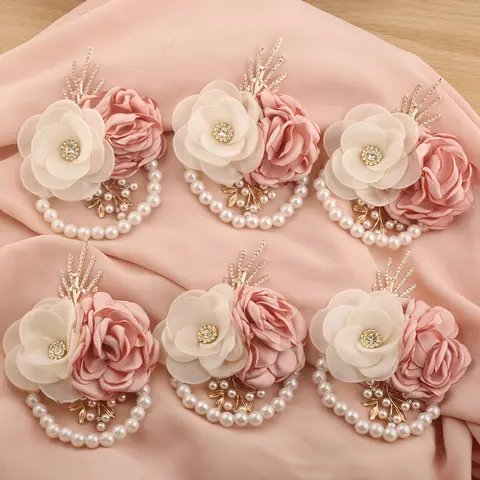 6pcs Romantic Pink Flower with Milk Gauze Rose Bridesmaid Wrist Flower Handmade Golden Leaf Rhinestone Wedding Party Evening Prom Season Valentine'S Day Elastic Pearl Wrist Flower Additions Corsage For Prom