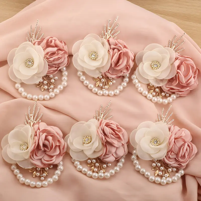 6pcs Romantic Pink Flower with Milk Gauze Rose Bridesmaid Wrist Flower Handmade Golden Leaf Rhinestone Wedding Party Evening Prom Season Valentine'S Day Elastic Pearl Wrist Flower Additions Corsage For Prom
