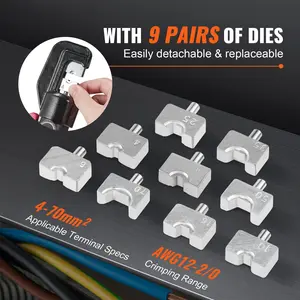 Hydraulic Crimping Tool with 9 Sets of Dies Copper And Aluminum Terminal Battery Lug Crimper, with a Cutting Pliers, Gloves, 10pcs Copper Ring Connectors, 8pcs Heat Shrink Sleeves