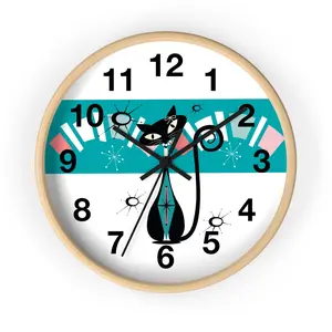Atomic Cat, Kitschy Retro Mod Minimalist Kitchen, Office, Laundry Room Round Wall Clock