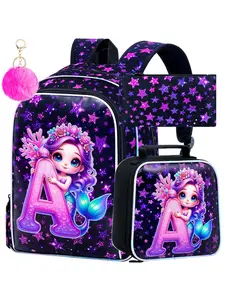 3PCS Mermaid Backpack Set, 16" Glittery UV Printing Girls Bookbag/School Bag with Lunch Box & Pencil Bag for Preschool to Elementary - Mermaid Holding Letter A