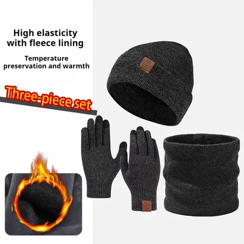 Winter warm three-piece set with velvet cold-proof hat, scarf and gloves, outdoor windproof earmuffs, knitted pullover hat