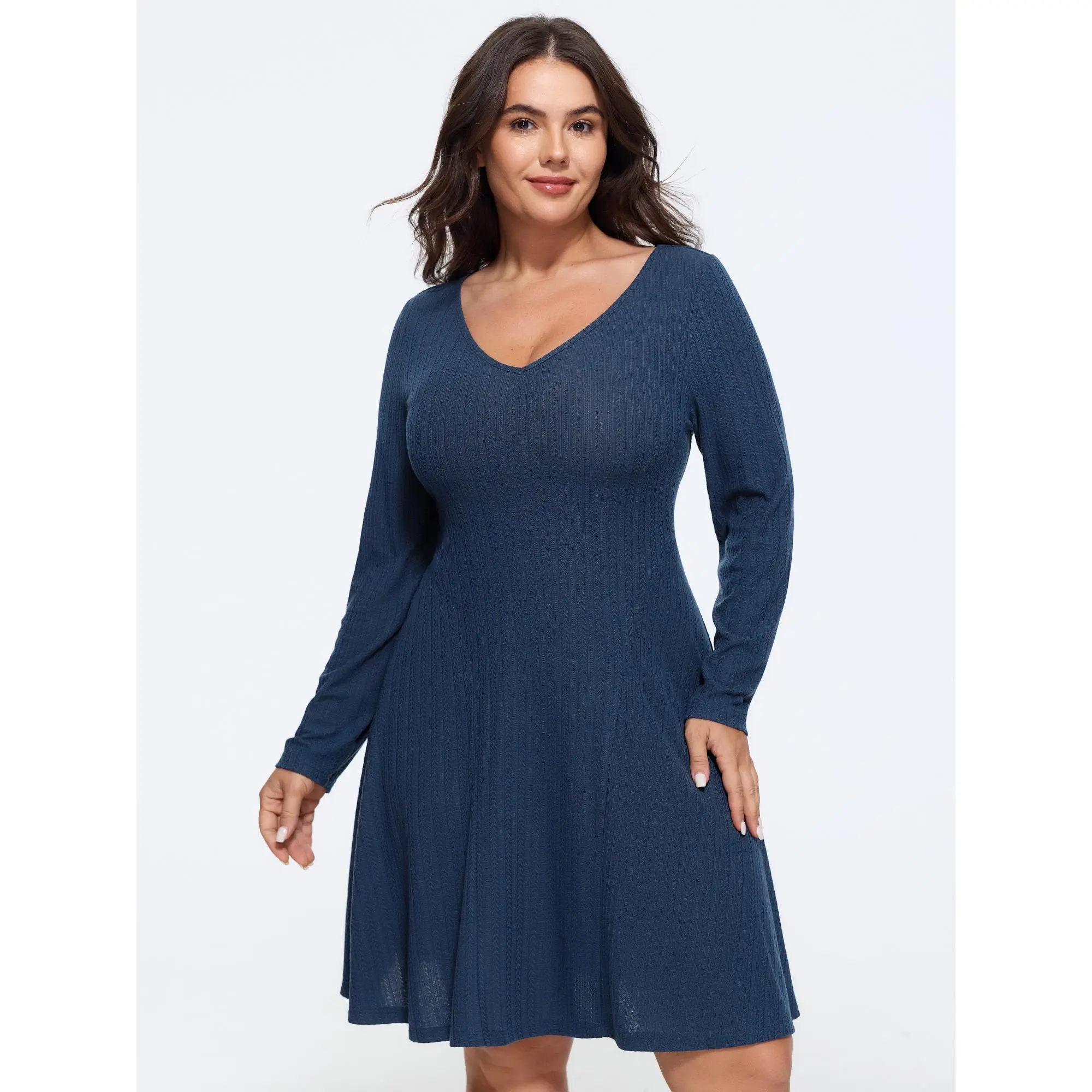 BloomChic Plus Size Textured V‑Neck Long Sleeve Ribbed Mini Dress[M-6X] Back To School,Spotlight Day