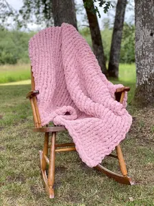 Rose Pink Super Thick and Cozy Chenille Knit Blanket, Jumbo Yarn Hand Knit Throw, Couch, Bed, Chair Blanket