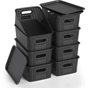 Plastic Storage Basket with Lid Stackable Small Box Bins for Organizing and Containers for Shelves Drawers Desktop Closet Playroom Pantry Classroom Office Home 6 Pack 10.2x7.2x4.1 Inch Black
