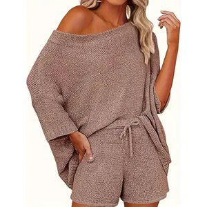 Women's 2pcs Outfits Sweater Sets Off Shoulder Knit Top Shorts Matching Suits Cute Pajama Lounge Set