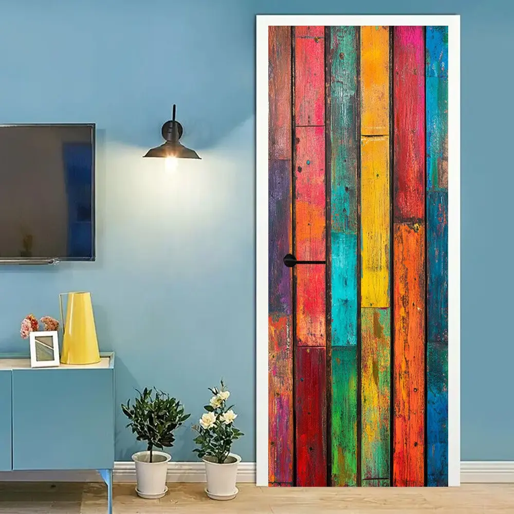 Rustic Texture Door Stickers, Painted Wood Peel and Stick Murals, Rainbow Colors Door Decal, Self-Adhesive Removable Door Pictures, Door Decorations, Decoration Items