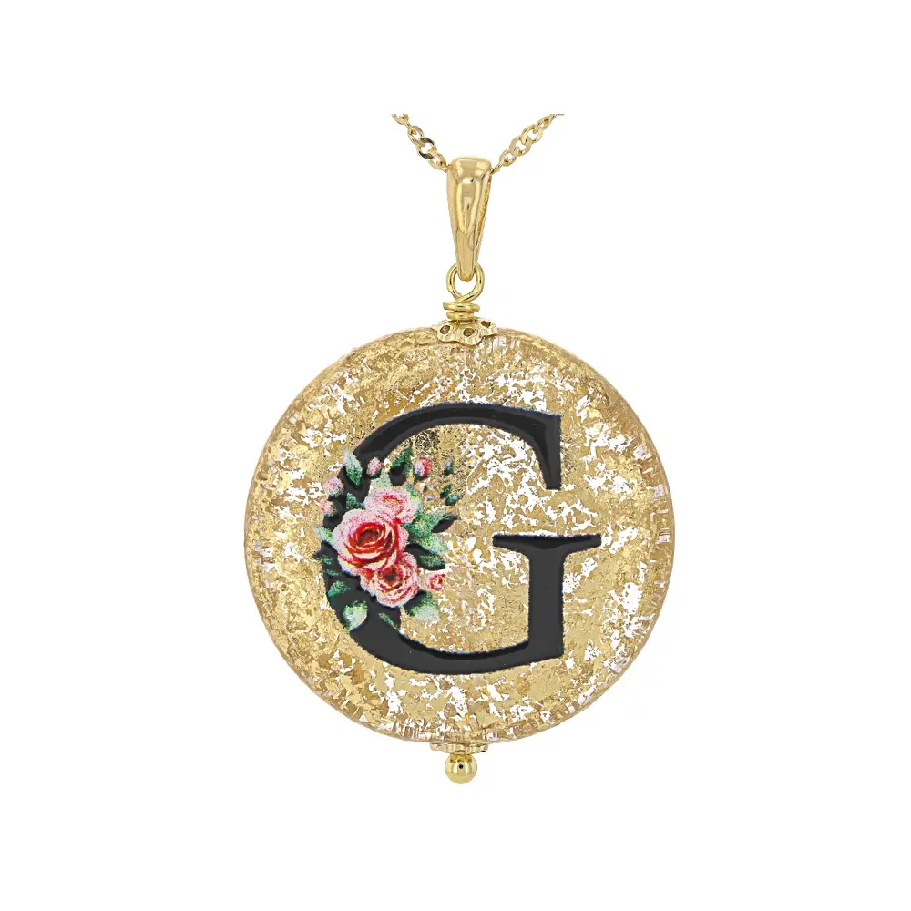 Colorful Murano Glass Letter G Pendant Necklace for Adults, 1 1/8"L x 15/16"W, 2.5mm Bail, 18in Singapore Chain with 2in Extender & Spring Ring Clasp Closure, Gift for Special Occasions
