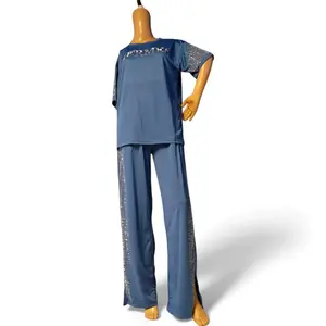 Women’s 2 Piece Rhinestone Set Casual Lounge Outfit Short Sleeve Top & Wide Leg Pants Matching Set for Womenswear Clothes