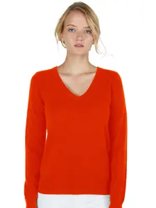 JENNIE LIU Women's 100% Pure Cashmere Long Sleeve Pullover V Neck Sweater