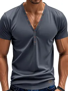 Men's V-Neck Button Design Short Sleeve Top, Casual Fitted Summer Fashion, New Trend 2026, Plain Pattern, Ideal for Daily Wear
