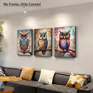 Owl Pattern Unframed Painting, 3 Counts/set Modern Canvas Wall Art, Wall Decor for Home Living Room Bedroom Study Room Office, Wall Decoration