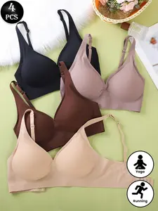 4-Pack Women's Jelly Comfortable Wireless Sports Bras, Seamless Breathable Lingerie, Push-Up Underwire-Free Bra for Running Yoga