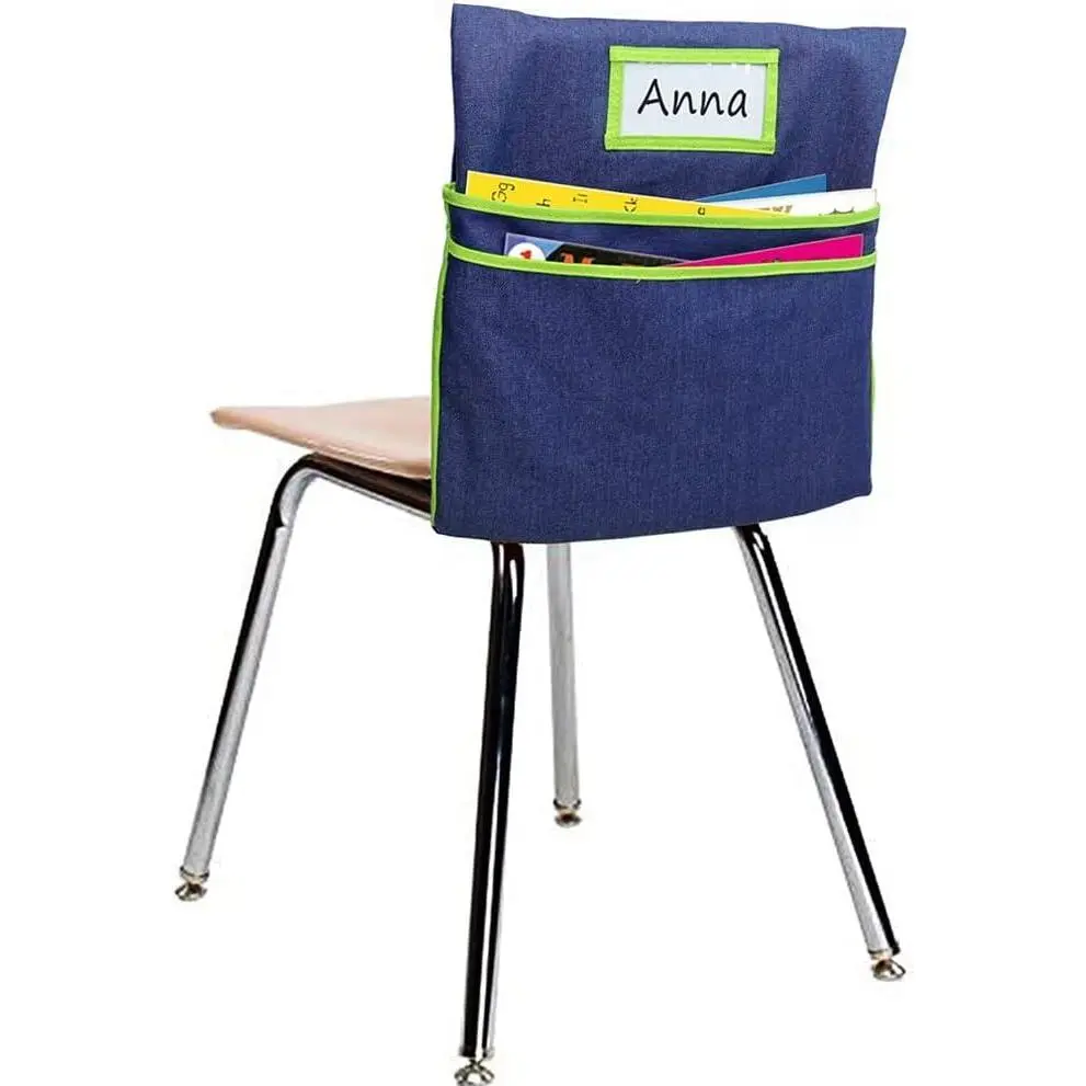 Chairback Buddy Pockets Chart with 2 Heavy Duty Storage Pocket, School Supplies Chair Pocket, Standard Denim Storage Organizer for Classroom Chair (Green)